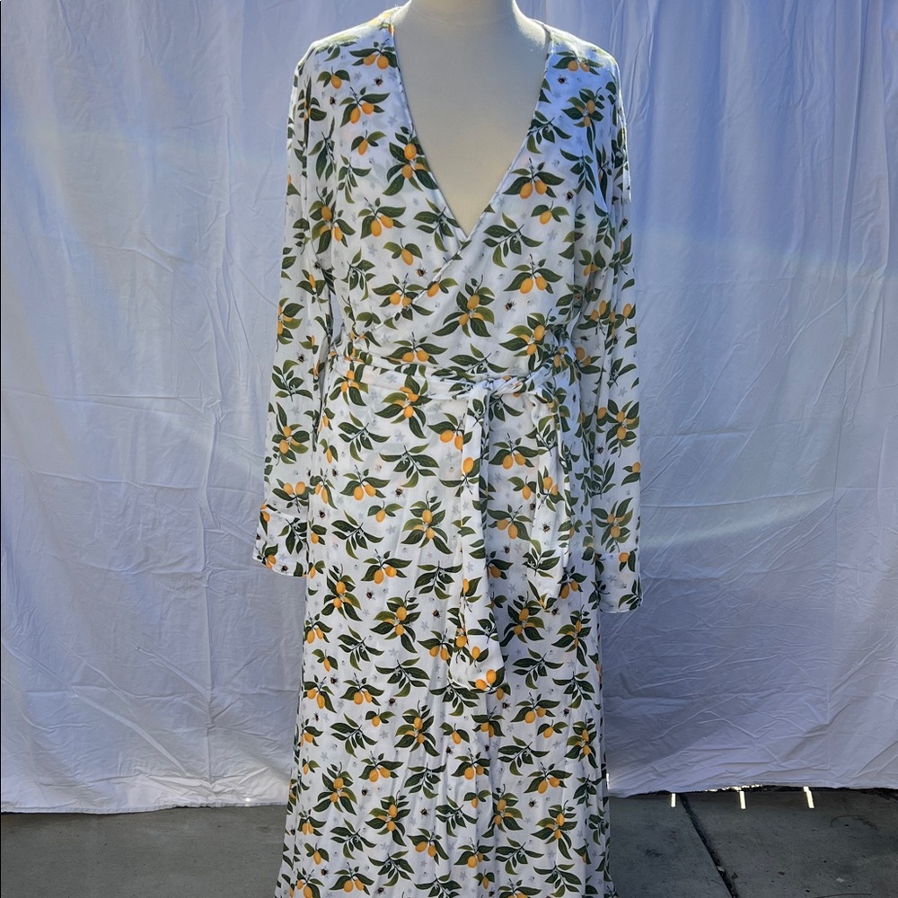 Hand Crafted White Wrap Dress with Green and Orange Floral Pattern